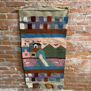 Vintage Handwoven Wool Tapestry Wall Hanging Pueblo Church Mountain Scene 21x44